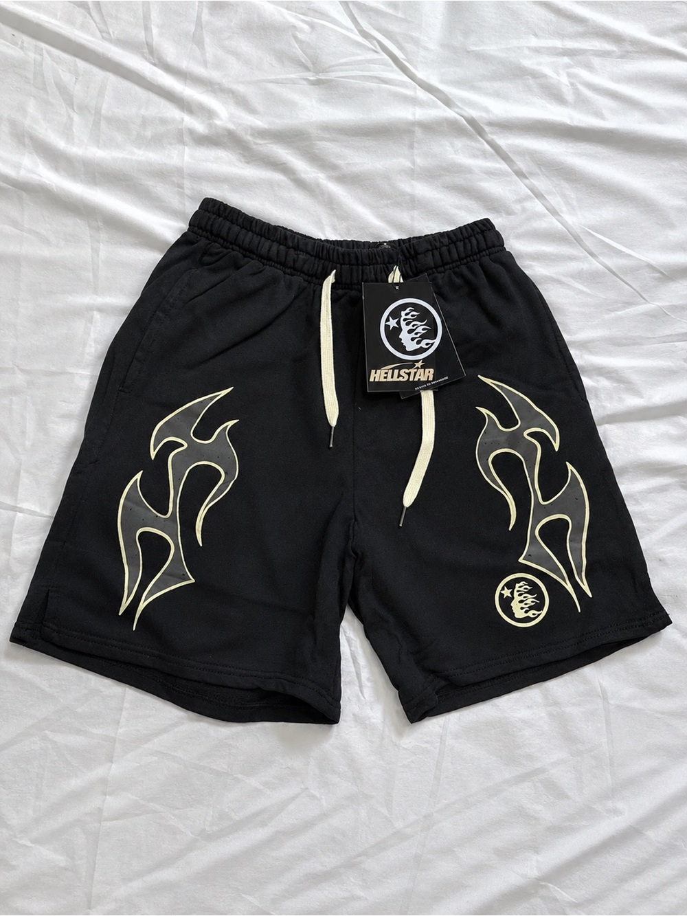 Hellstar Black Athletic Shorts with Cream Flame Accents